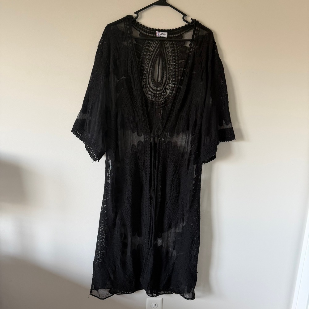 Asha Black Lace Mesh Duster Cardigan Sheer Boho Beach Cover Up S-XL Tie Festival
